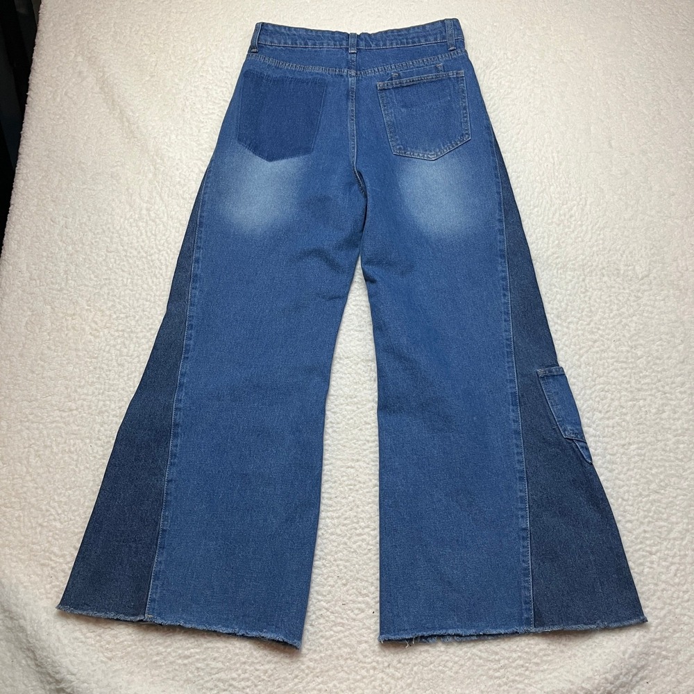 Dazy Jeans Women L Blue Patchwork Wide Leg Raw Hem High Waist Two Tone 5263 - Picture 6 of 9